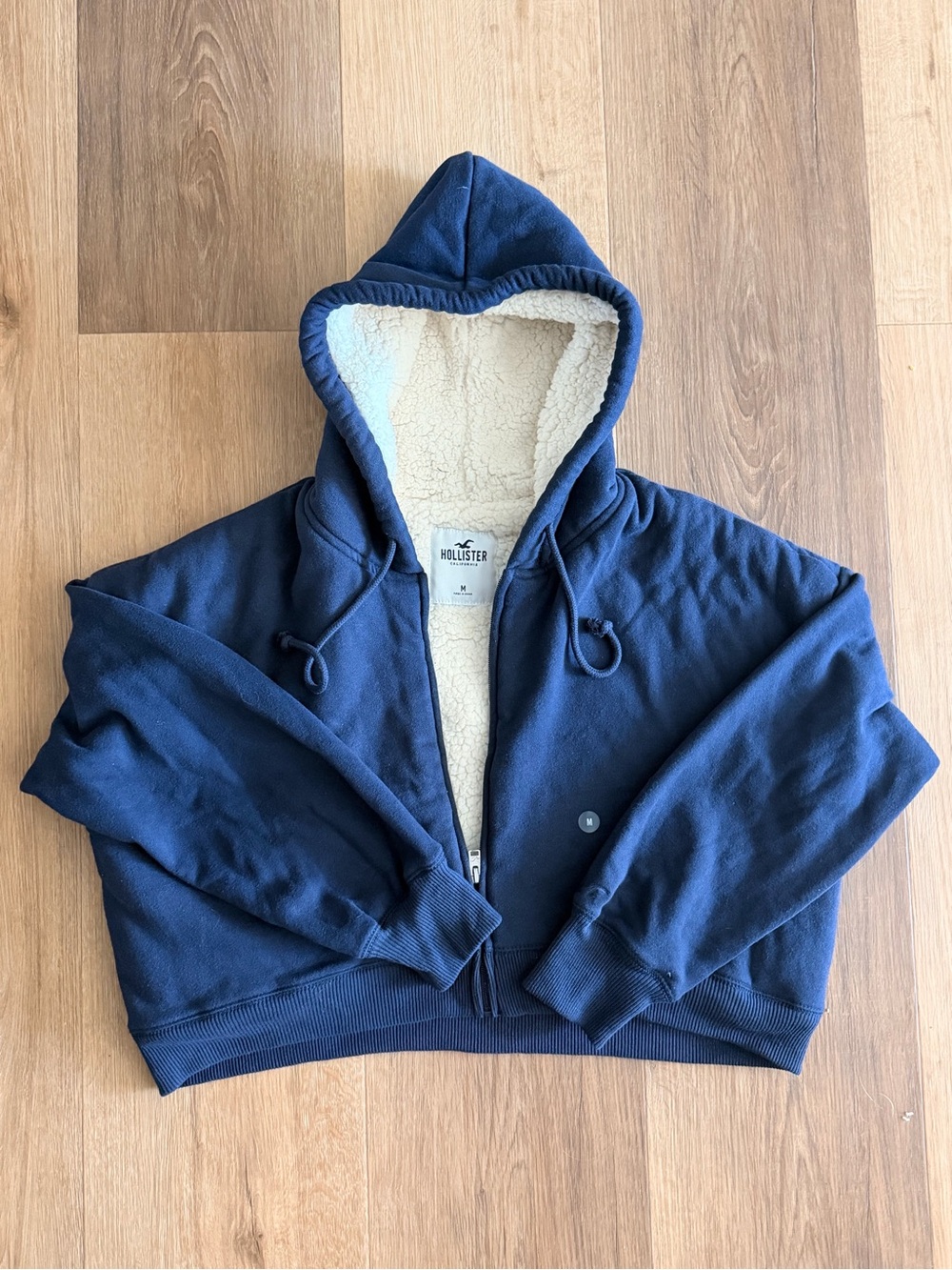 New Hollister Navy Blue Cropped Sherpa Lined Full Zip Hoodie Jacket Size M Y2K